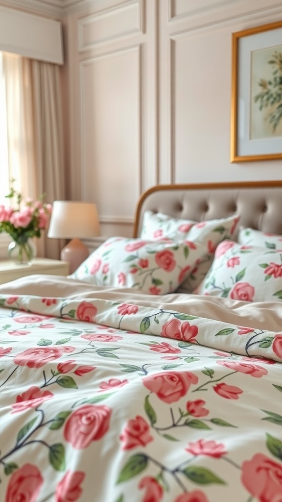 A cozy bedroom featuring floral patterns in pink and green on the bedding, with soft lighting and a vase of flowers.