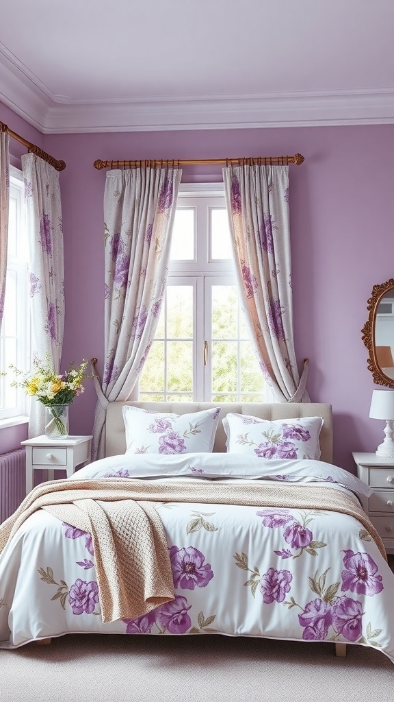 A lilac bedroom featuring floral patterns on bedding and curtains, with a vase of flowers on the bedside table.