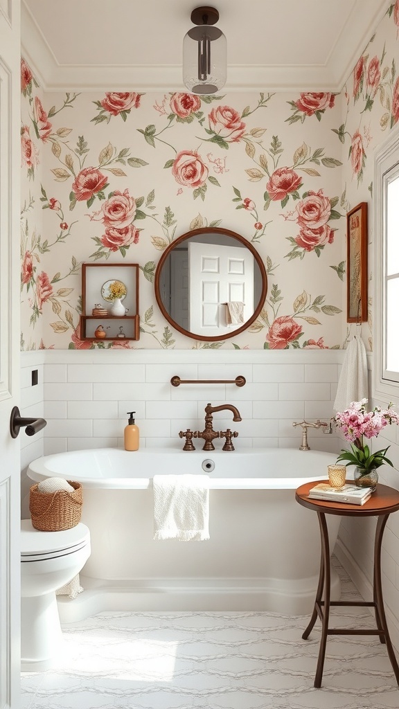 Bathroom with floral print accent wall featuring pink roses and green leaves, white tiles, vintage fixtures, and wooden accents.