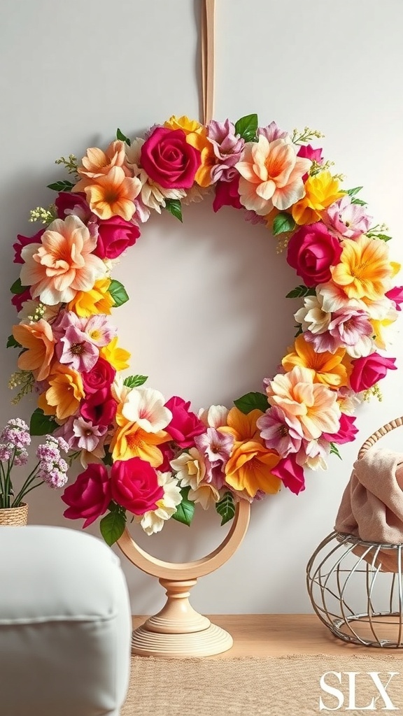 A colorful floral print rag wreath featuring roses and assorted flowers, displayed on a wall.