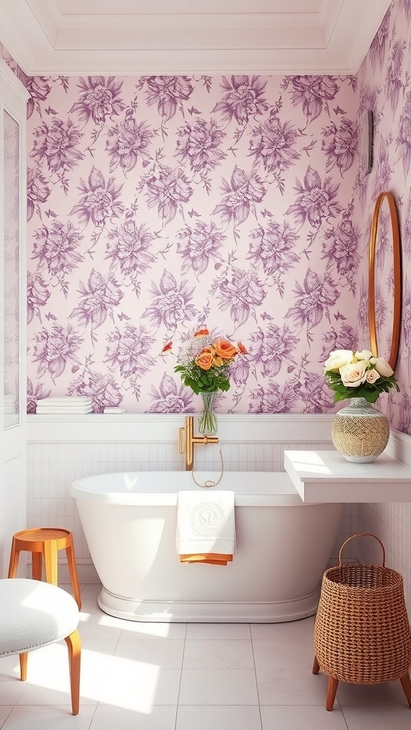 A stylish bathroom featuring floral purple wallpaper, a white bathtub, and fresh flowers.