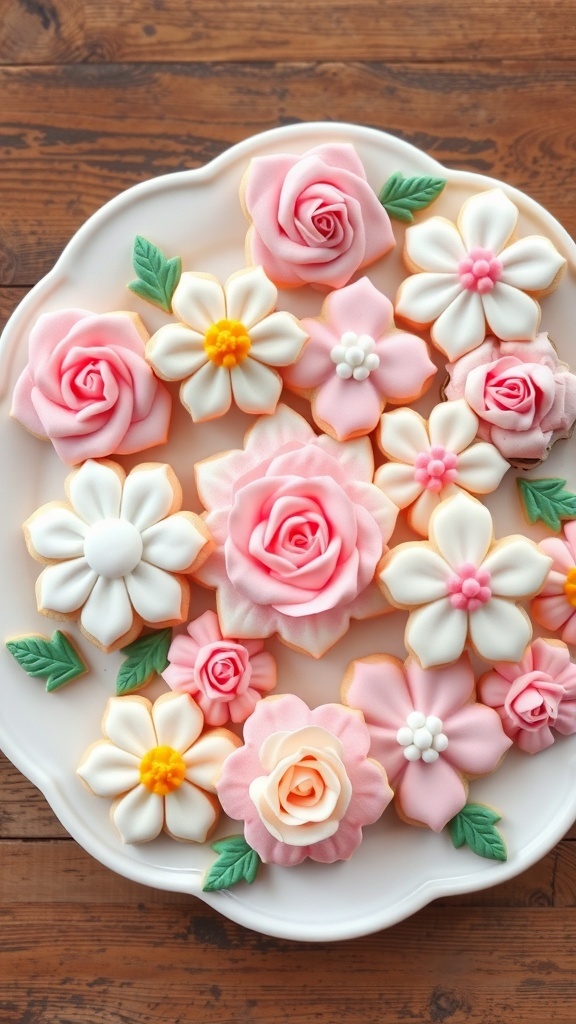 A plate of beautifully decorated floral sugar cookies in various designs and colors.