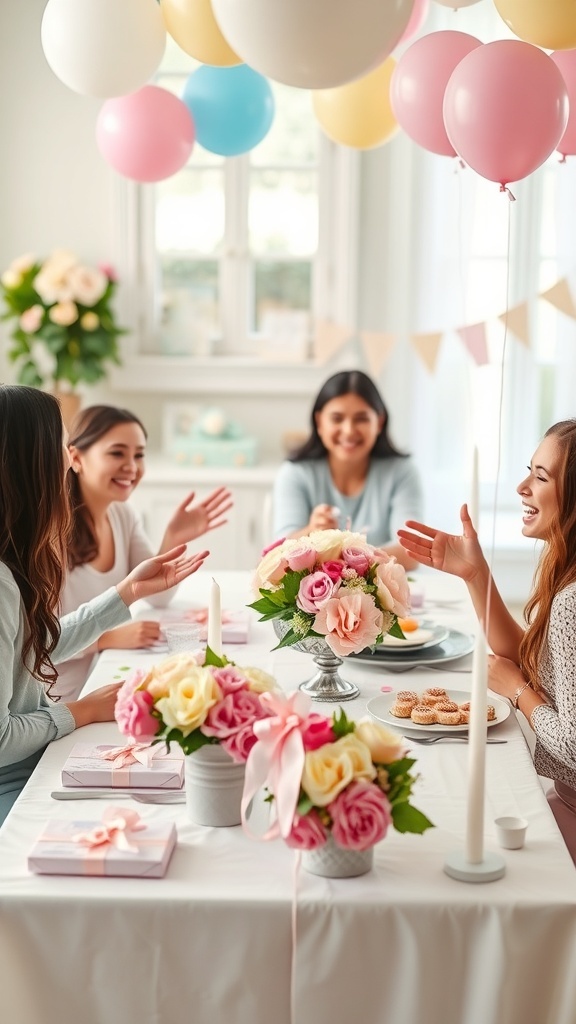 A cheerful baby shower setup with floral arrangements and pastel balloons.