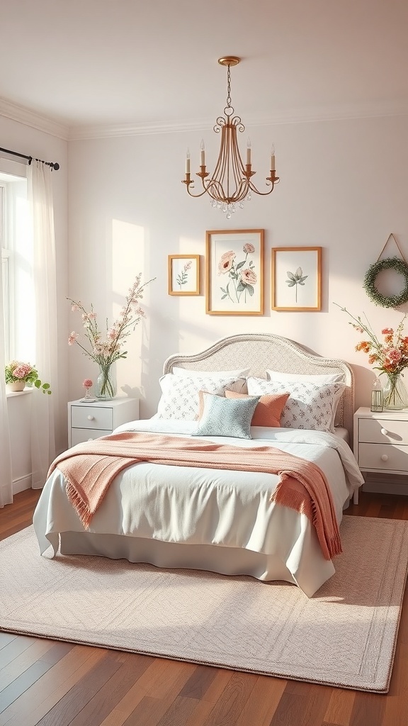 A cozy preppy teen bedroom featuring floral decor, soft bedding, and a stylish chandelier.