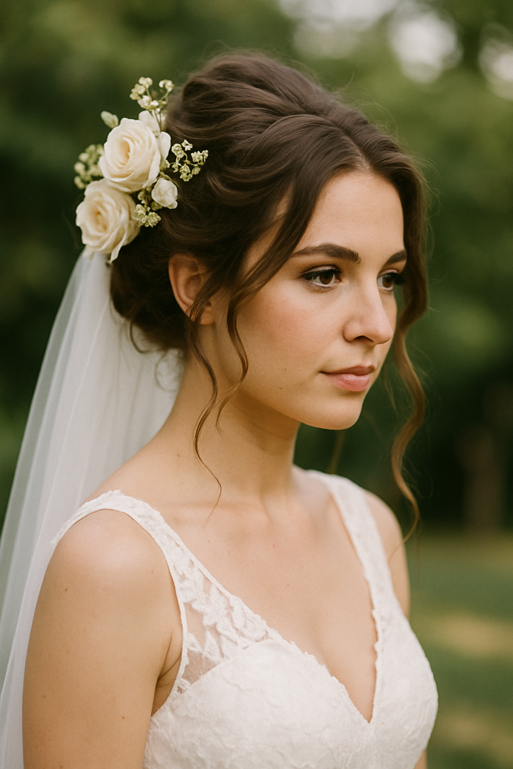 A bride with a floral updo hairstyle and a cascading veil, featuring white roses and greenery.