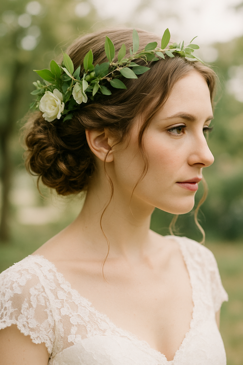 A bride with a floral updo hairstyle adorned with a greenery crown, showcasing soft curls and a natural look.