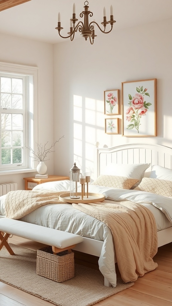 Cozy cottage bedroom with floral wall art, soft bedding, and warm lighting.