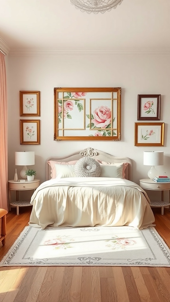 Floral wall art in a shabby chic romantic bedroom featuring roses in soft pinks and greens, framed elegantly.