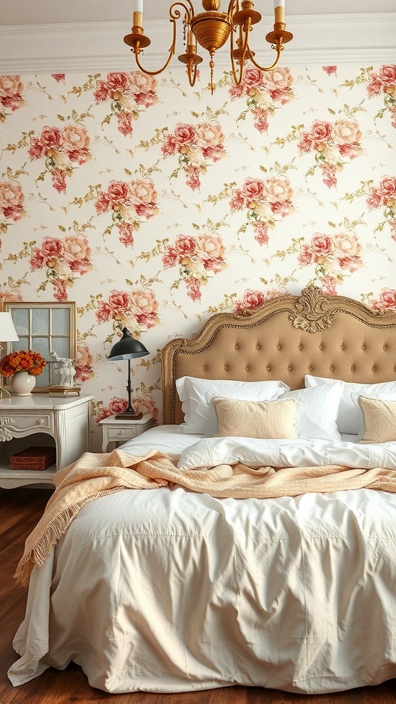 A vintage bedroom with floral wallpaper featuring pink roses, a tufted headboard, and elegant decor.