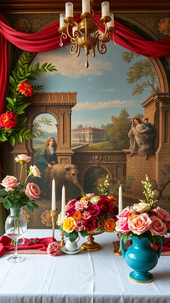 A beautifully decorated table inspired by Florentine art, featuring floral arrangements, candles, and a backdrop of intricate designs.