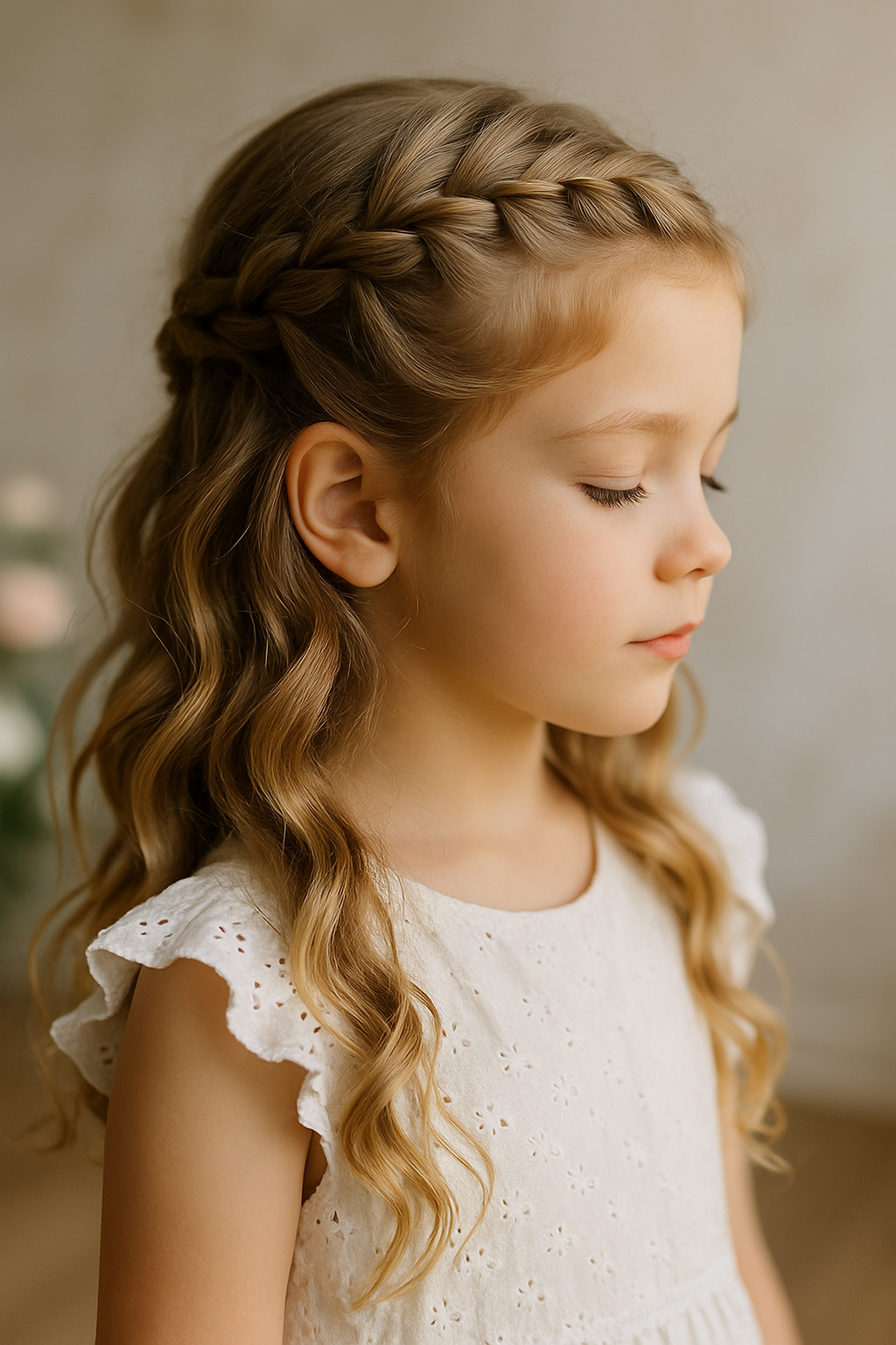 A young girl with loose waves and a braid, styled for a wedding.