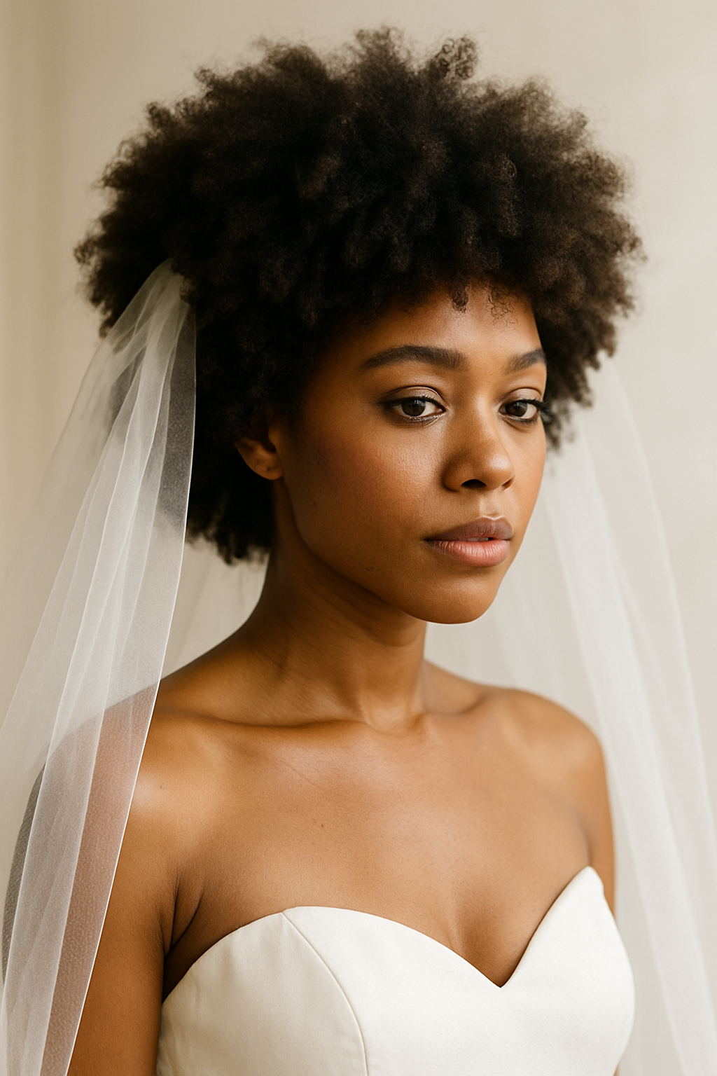 A bride with a fluffy afro hairstyle adorned with a veil, showcasing natural beauty.