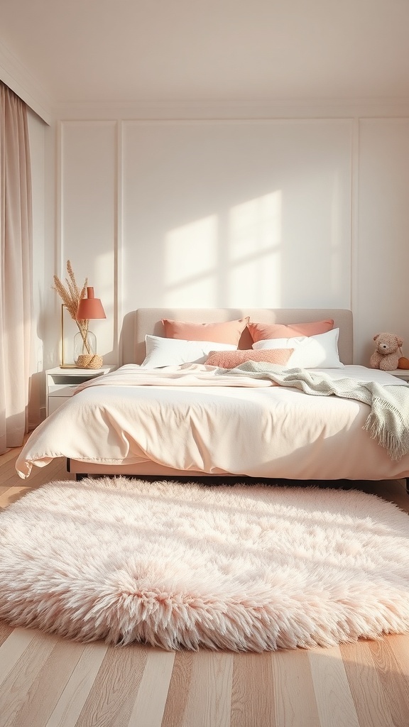 A fluffy pink area rug in a romantic pink bedroom with a bed and soft lighting.