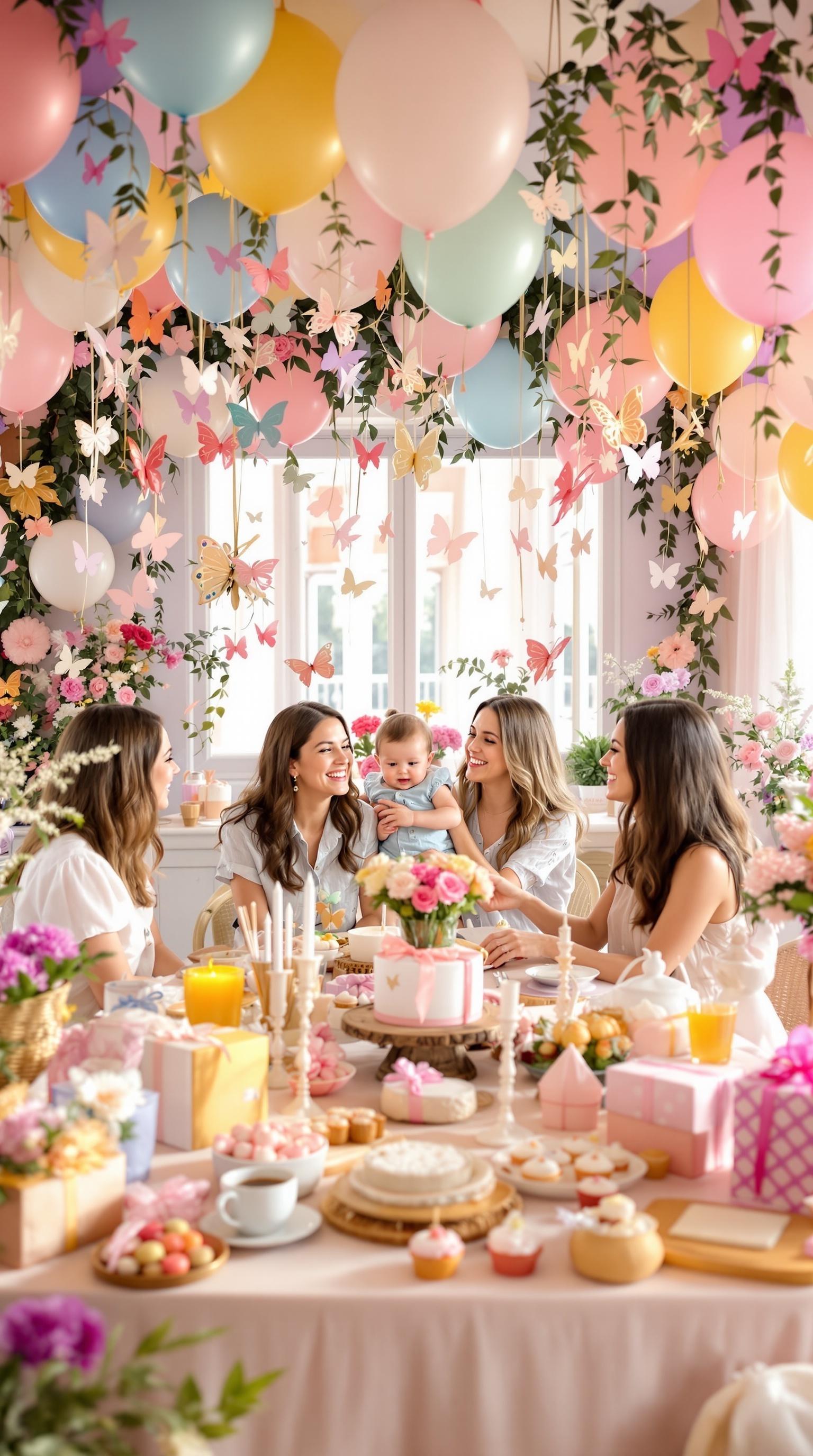 A beautifully decorated butterfly-themed baby shower with balloons, flowers, and a joyful atmosphere.