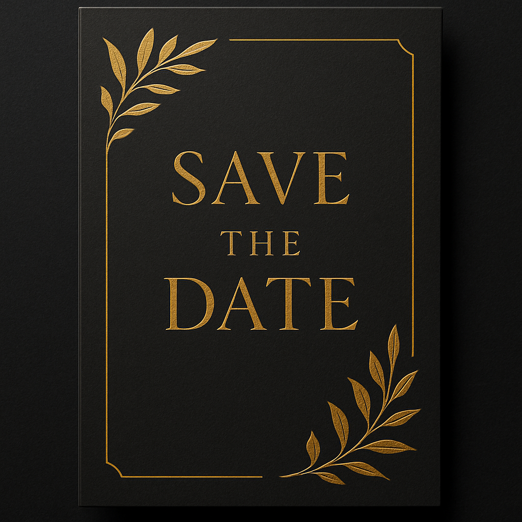 Foil stamped save the date card with gold lettering on a black background and leaf designs.