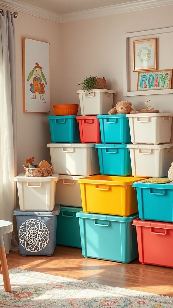 Colorful stackable storage bins in a cozy room