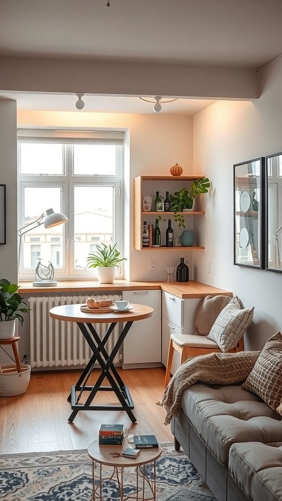 A cozy living area featuring a foldable bar table, plants, and stylish decor.