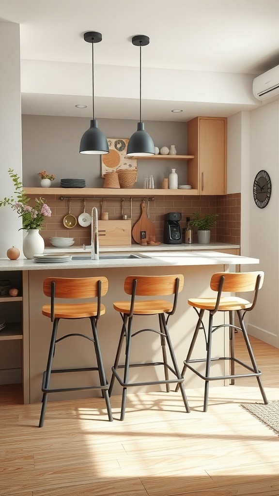 A modern kitchen featuring three foldable bar stools with wooden seats and metal frames.