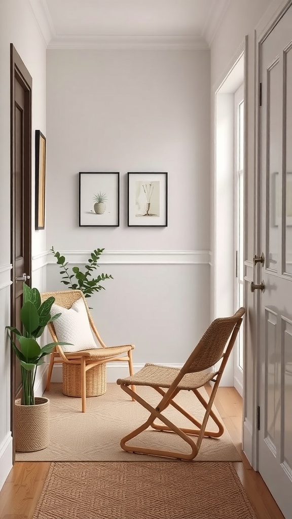 A small entryway featuring two foldable chairs, a potted plant, and framed artwork on the wall.