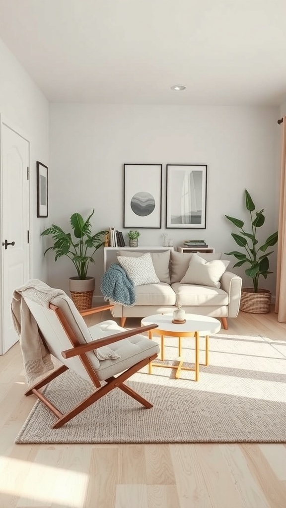 A small lounge room featuring a foldable chair, a cozy sofa, and decorative plants.
