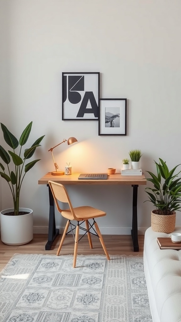 A small, stylish foldable desk setup with plants and a lamp.