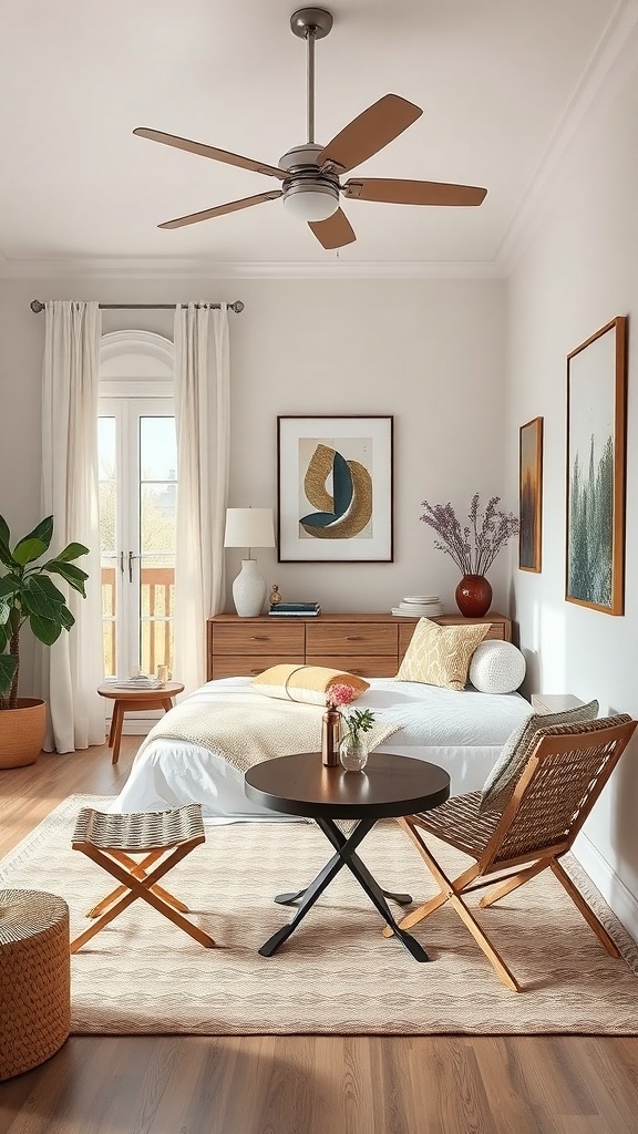 A small guest bedroom featuring foldable furniture, including a chair and table, with a cozy and inviting decor.