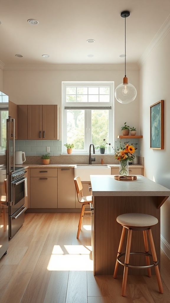 A modern kitchen featuring a foldable kitchen island with bar stools, natural light, and flowers on the counter.