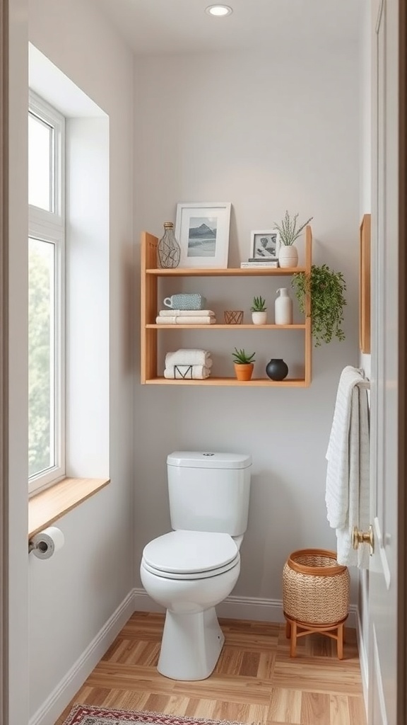 A small bathroom with a foldable shelf above the toilet, displaying towels, a plant, and decorative items.