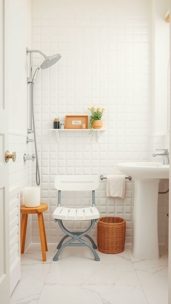 Foldable shower seat in a small bathroom with modern decor.