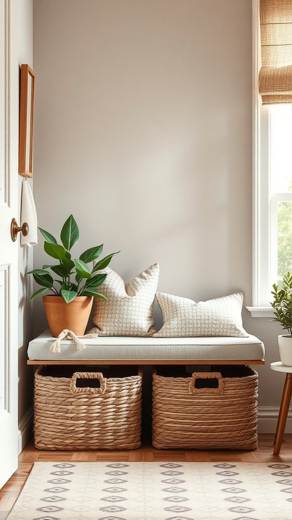 Cozy entryway with a bench and two foldable storage baskets underneath, featuring a plant and decorative pillows.