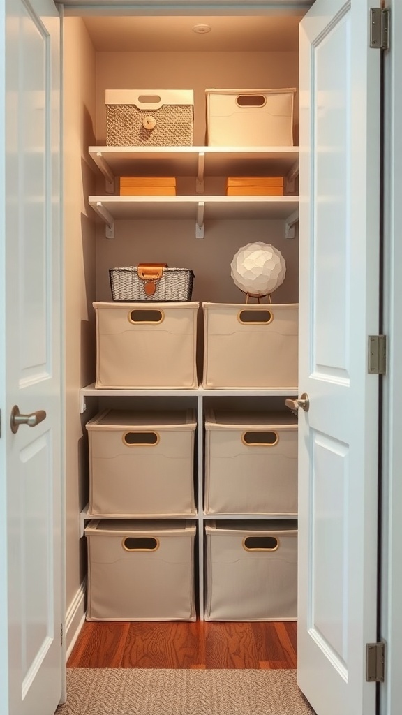 Organized small closet with foldable storage bins and shelves