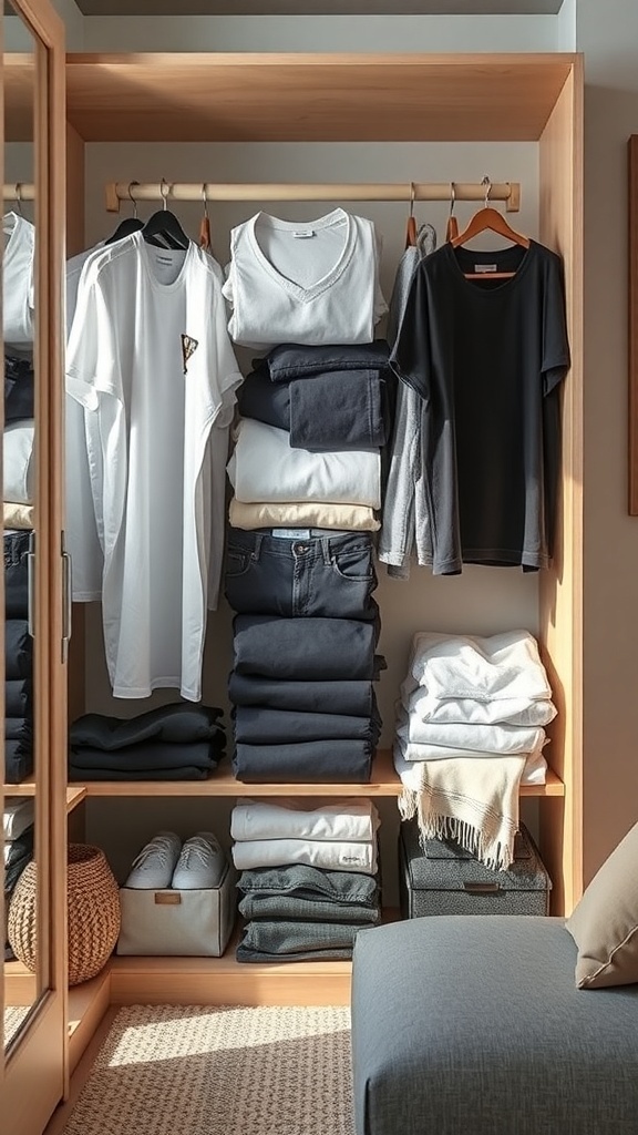 A well-organized wardrobe with folded clothes and hanging shirts, showcasing effective space-saving techniques.
