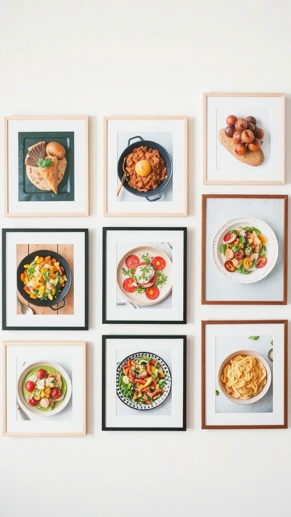 A cozy bedroom with a wall gallery of framed food photography, featuring colorful dishes and a stylish bed setup.