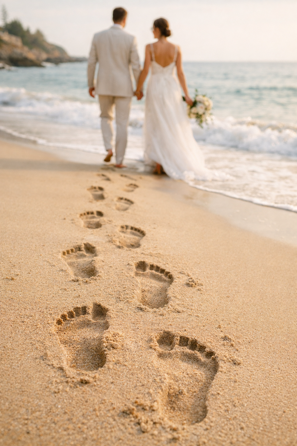 A couple walking hand in hand on a beach, leaving footprints in the sand with waves in the background.