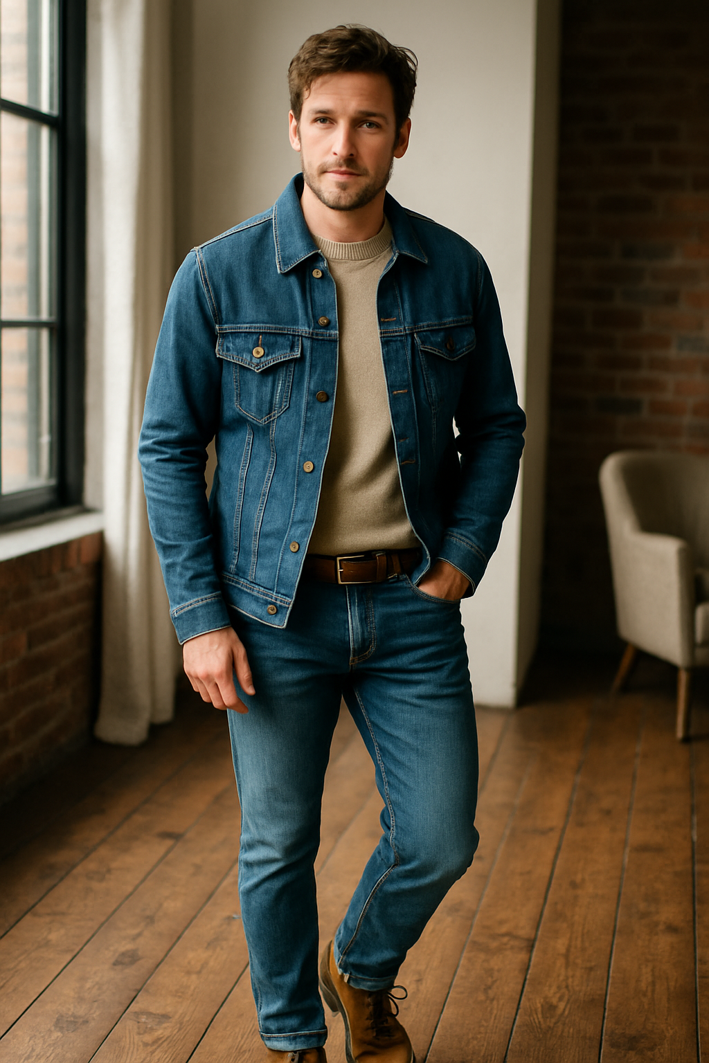 A man wearing a denim jacket and jeans, showcasing a stylish denim-on-denim outfit.