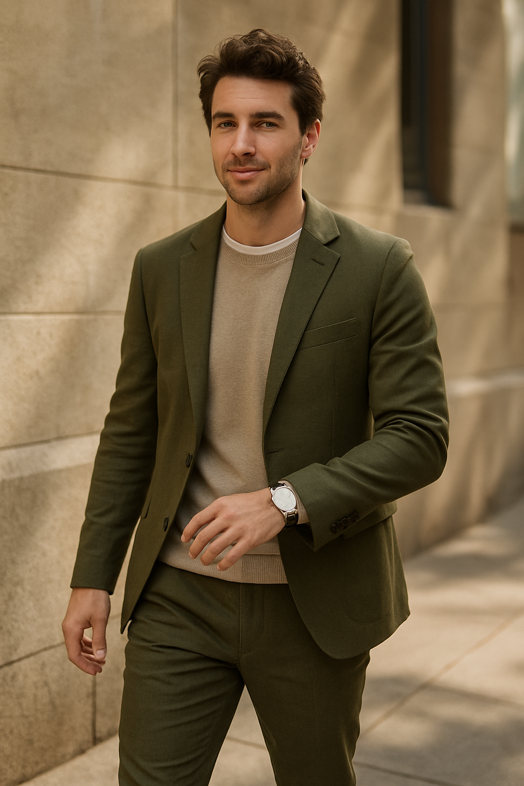 A man wearing an olive green suit with a neutral top, showcasing a stylish look.