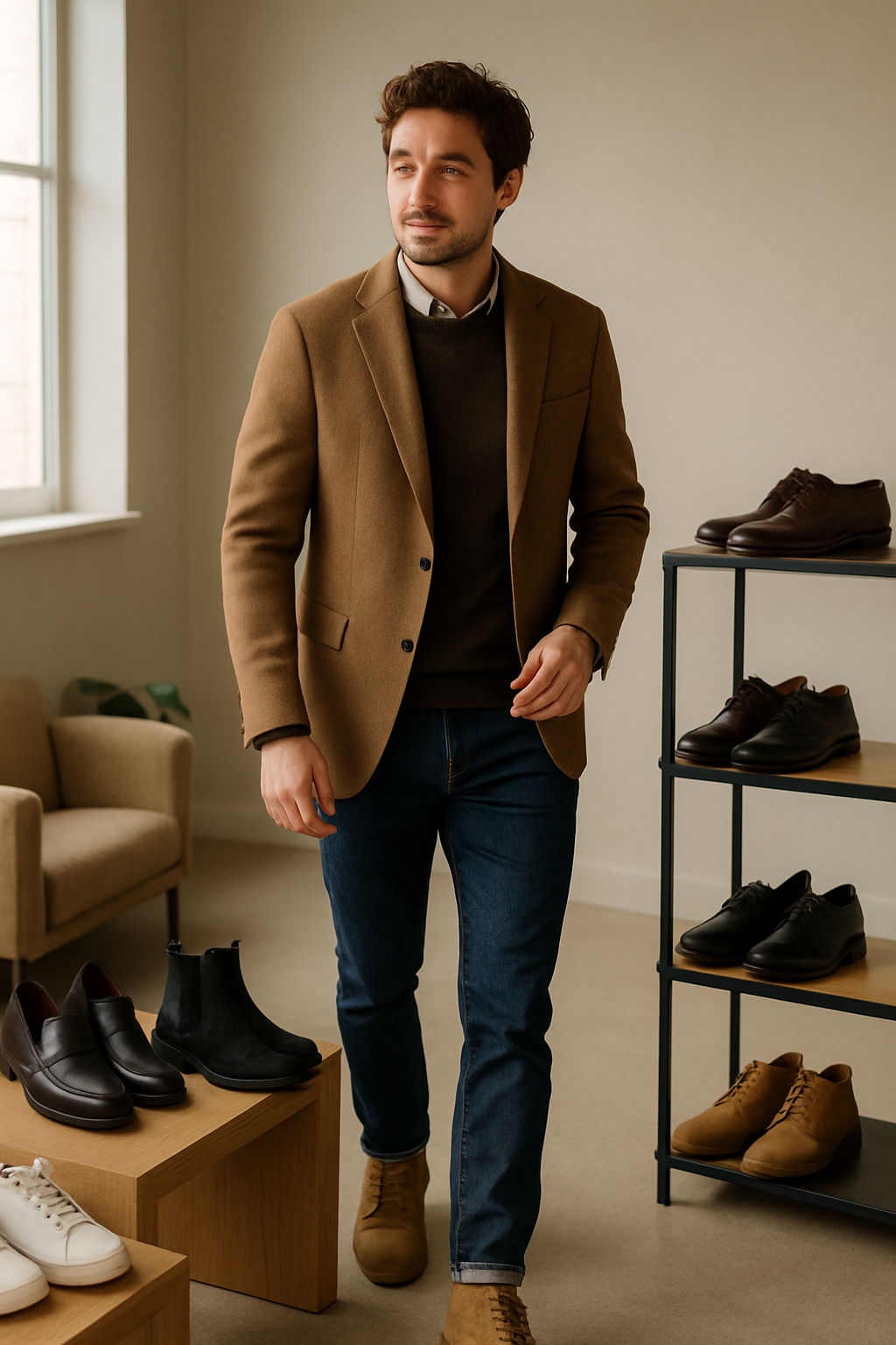 A man in a smart-casual outfit featuring a blazer and jeans, showcasing various footwear options.