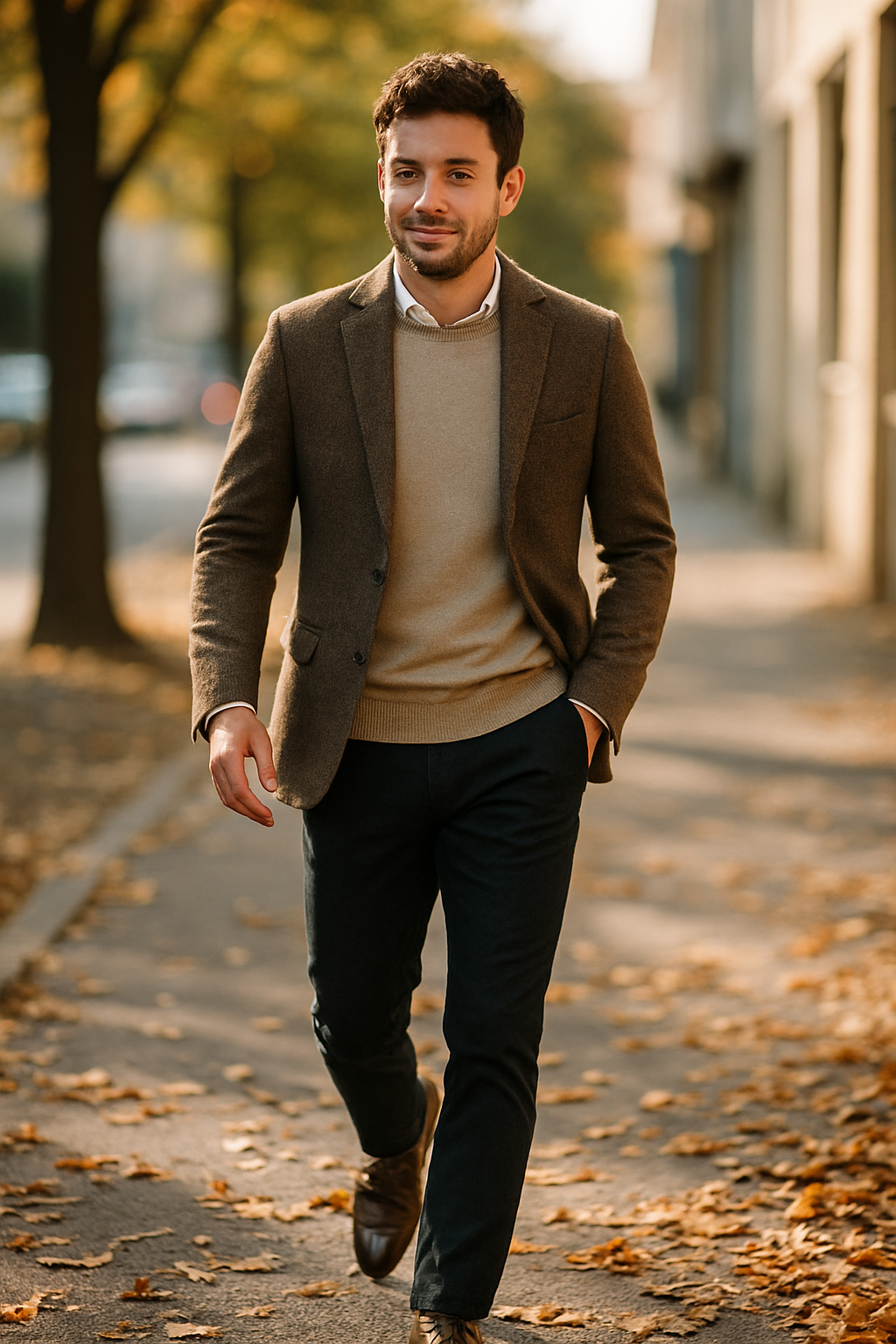 A man walking in a park wearing a tweed blazer with brown leather shoes.