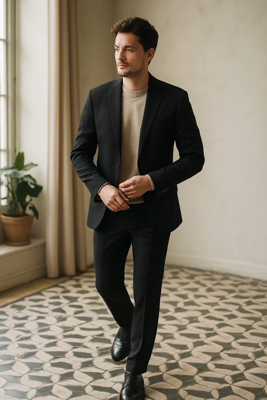 A man in a black suit with a light sweater, standing confidently in a stylish setting.