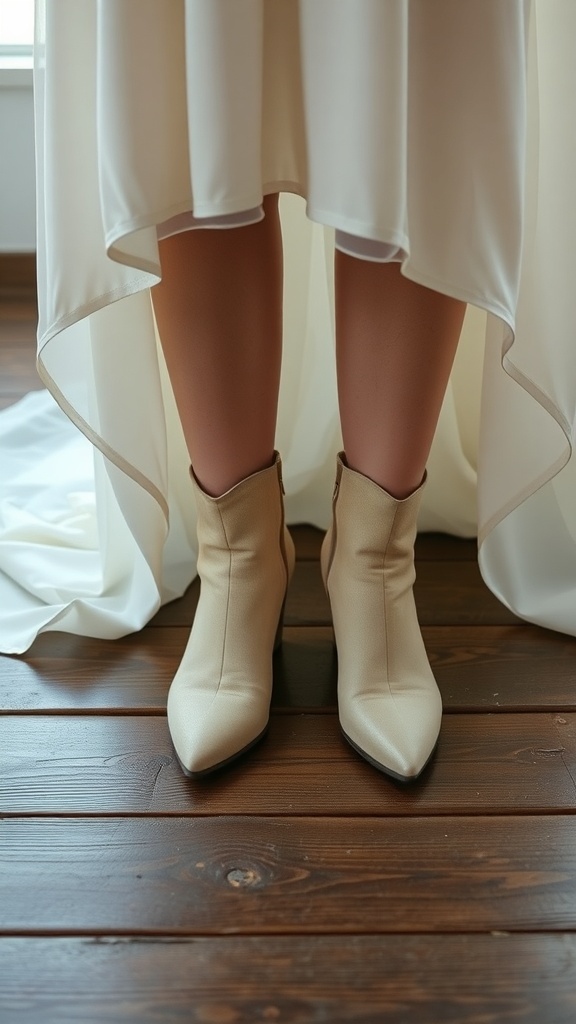 Cream-colored ankle boots under a flowing winter wedding dress