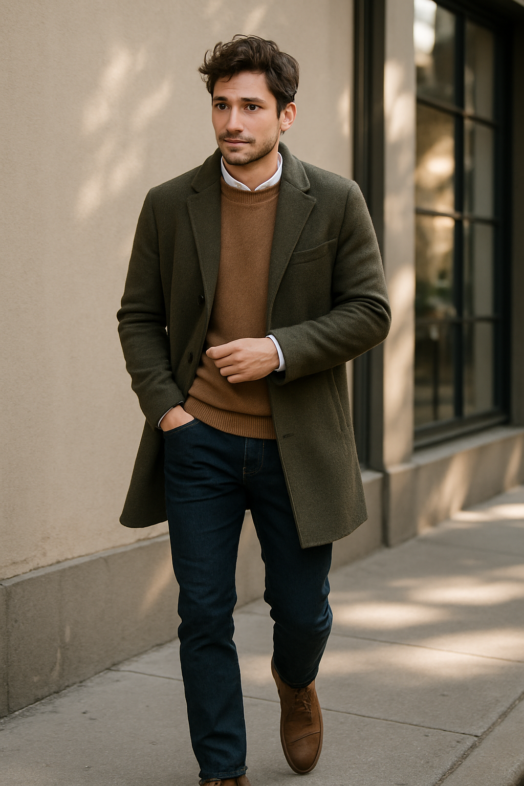 A man walking in a stylish outfit with brown leather shoes, showcasing minimalist fashion.
