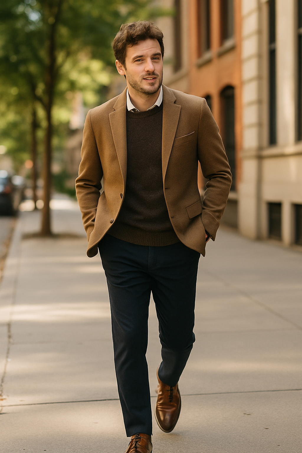 A well-dressed man wearing a brown blazer, dark trousers, and brown shoes, walking confidently on a city street.