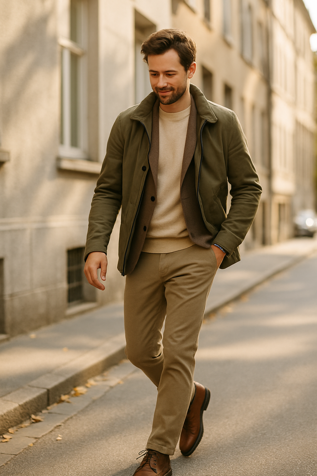 A stylish man walking down the street in brown lace-up boots, khaki pants, and an olive jacket.
