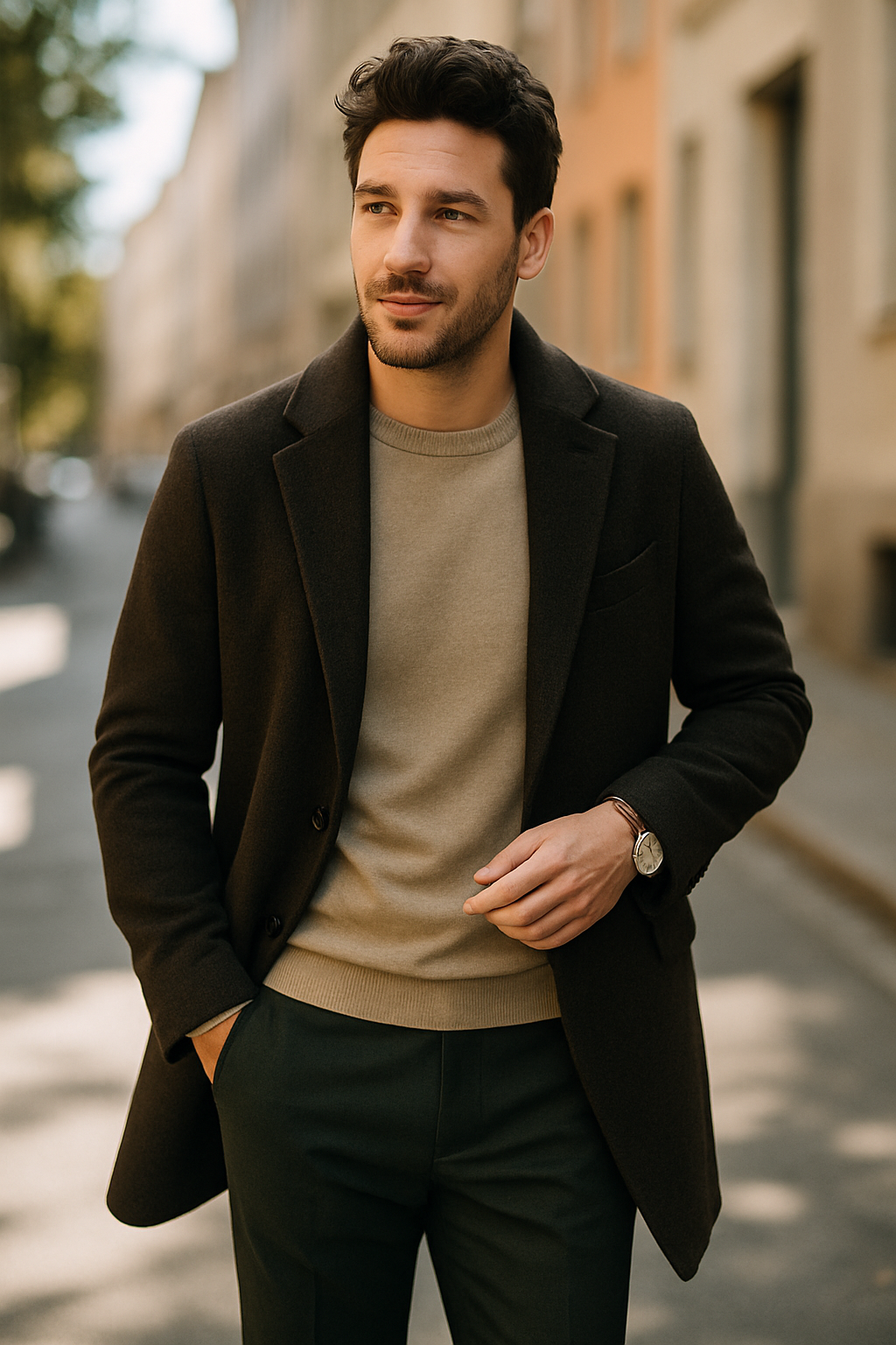 A man wearing a dark green suit with stylish footwear options.