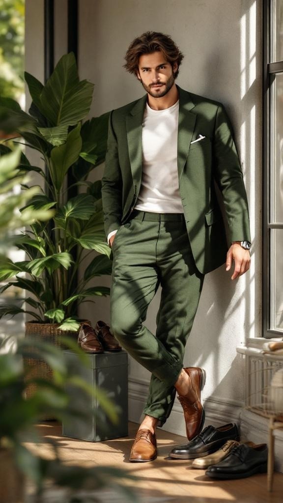 A man in a green suit with stylish brown shoes, standing in a well-lit room surrounded by plants.