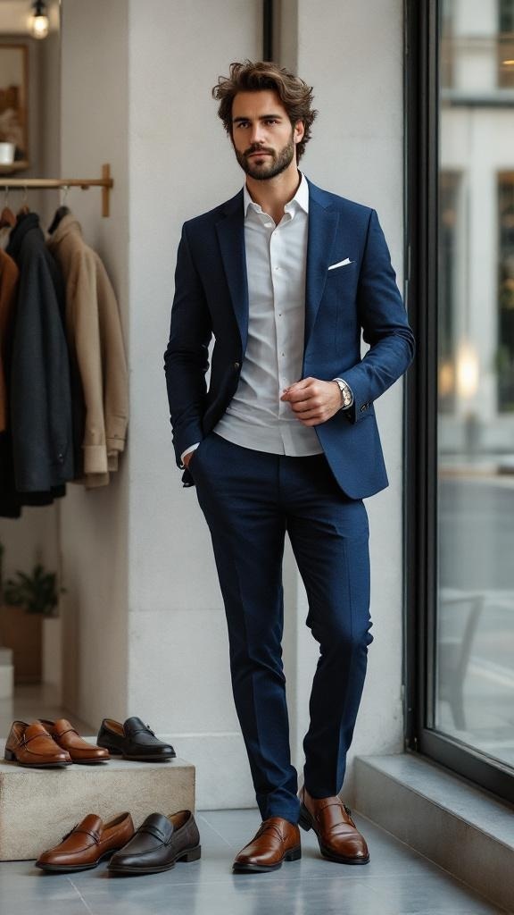 A man in a blue suit standing in a store with various shoe options displayed.