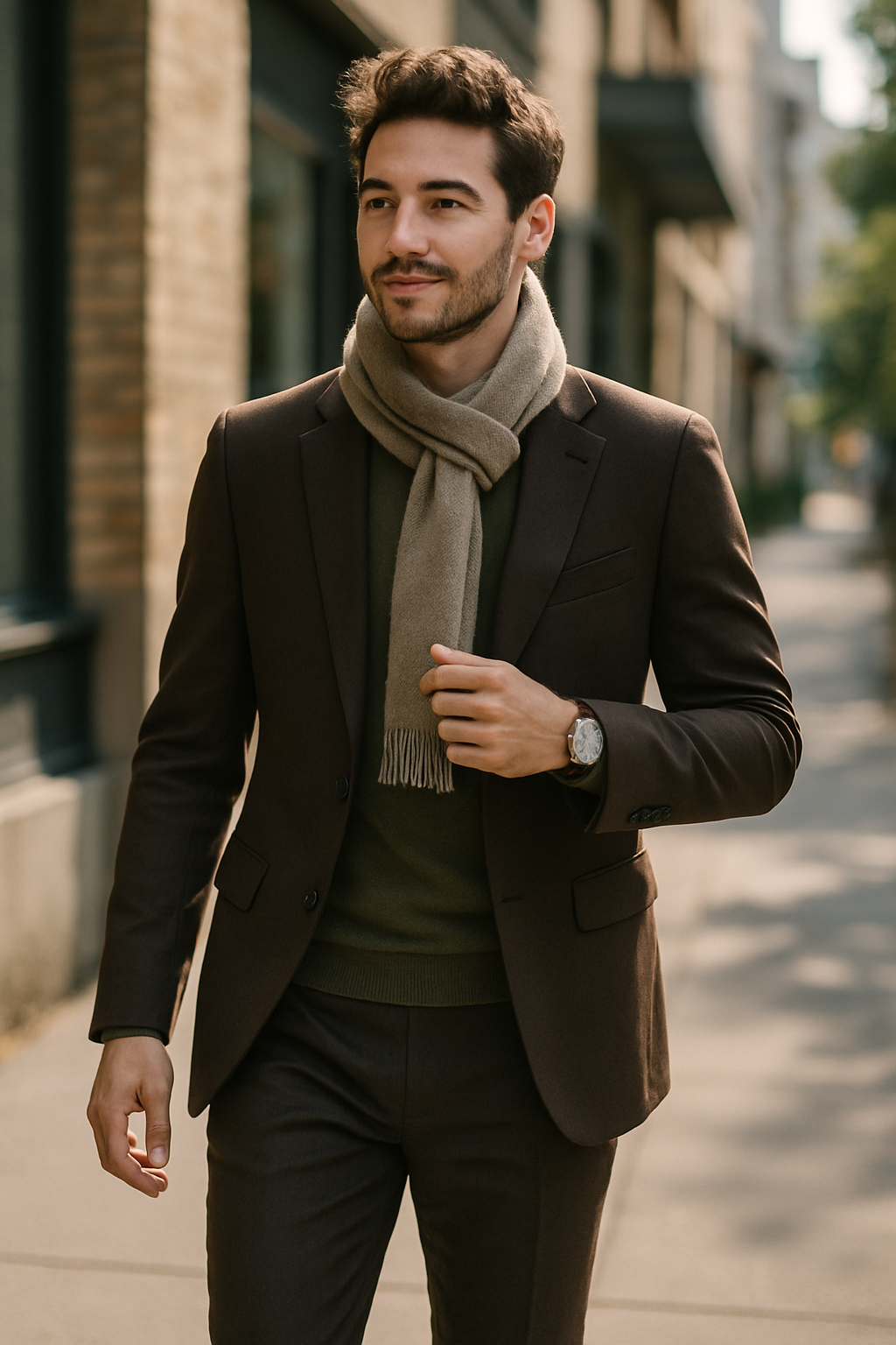 A man wearing a dark brown suit with a scarf, walking confidently on the street.