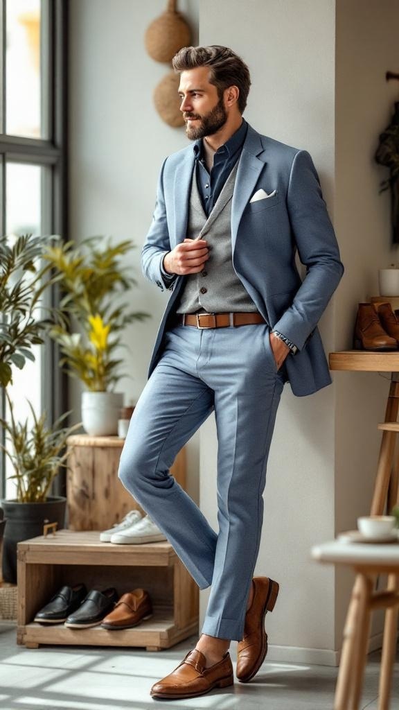 A man in a light blue suit with brown leather shoes, standing in a stylish interior.