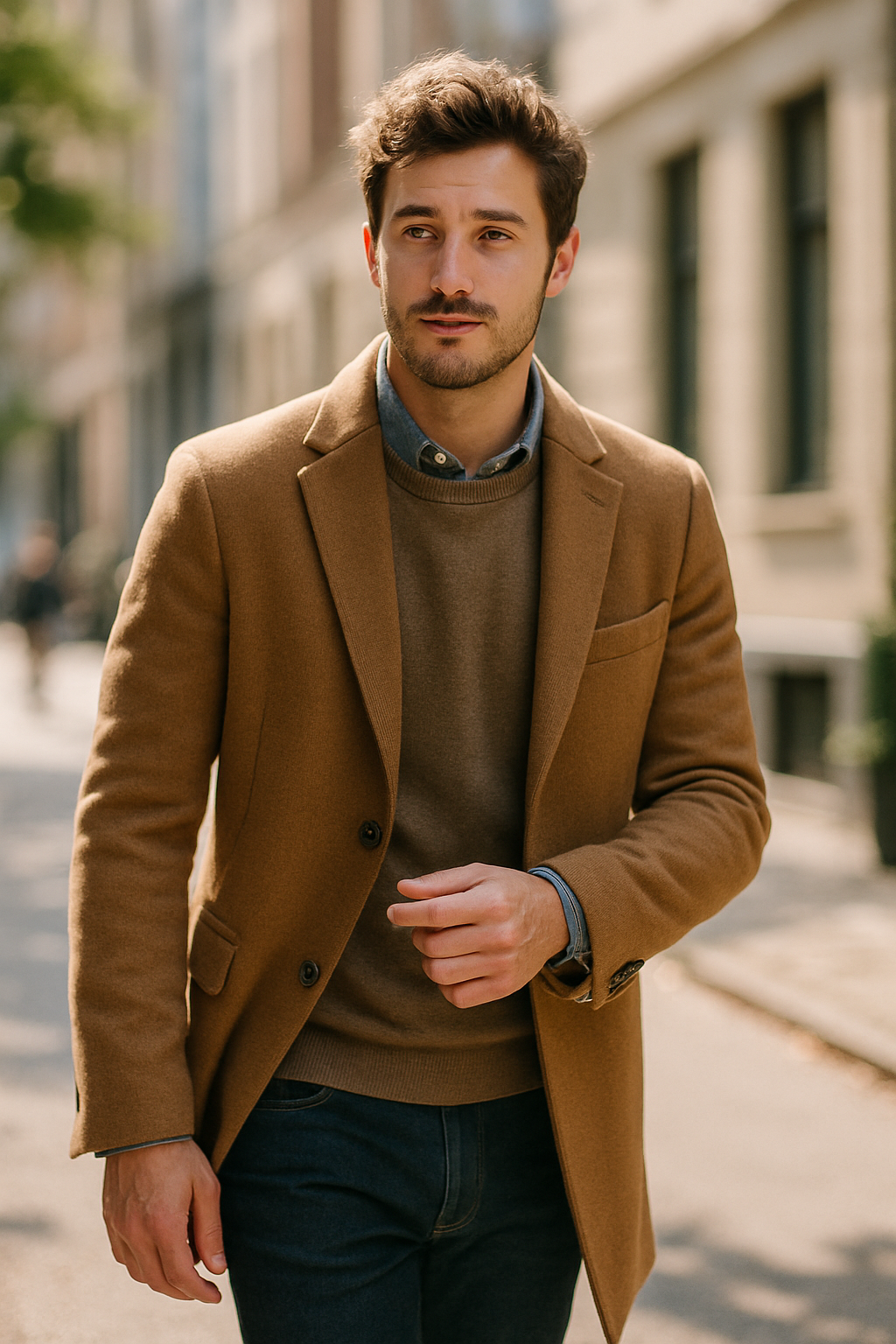 A man in a formal suit walking down a city street, showcasing stylish footwear options.