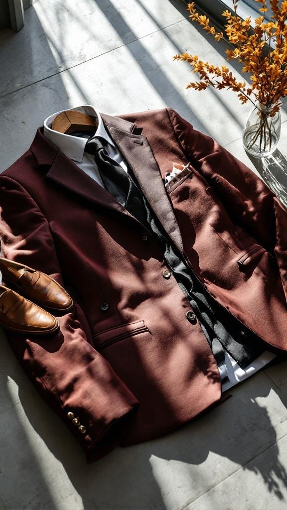 Maroon suit with brown dress shoes laid out on a surface